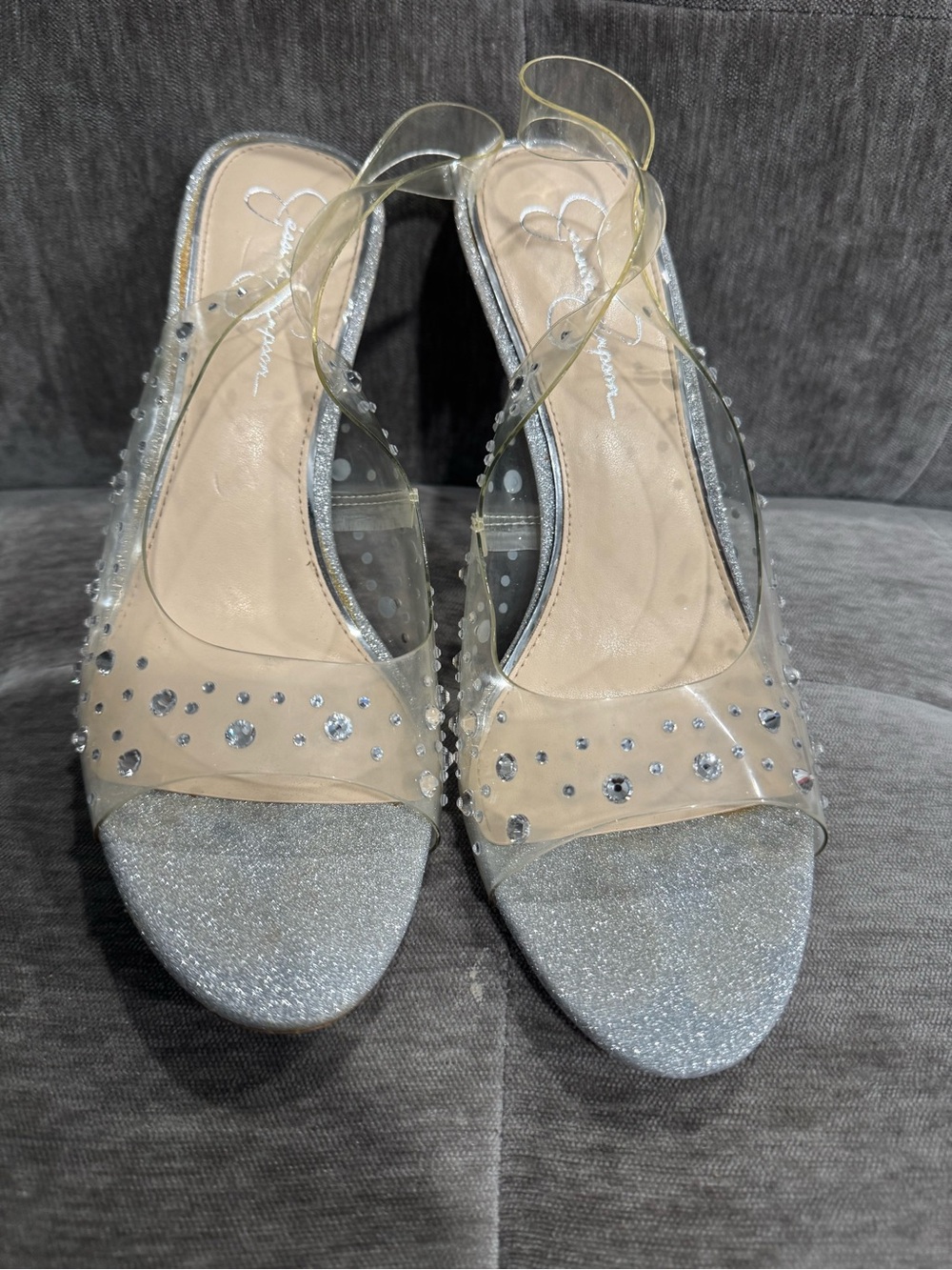 Jessica Simpson Clear Rhinestone Slingback Heels in Silver